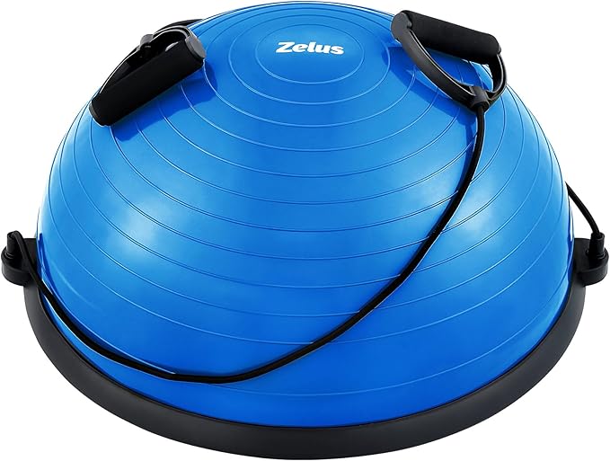 ZELUS Balance Ball Trainer with Resistance Bands and Foot Pump, Inflatable Yoga Ball for Home Gym Workouts, 23 Inch Exercise Half Ball for Balance Training Core Strength Fitness More, 330lb Cap