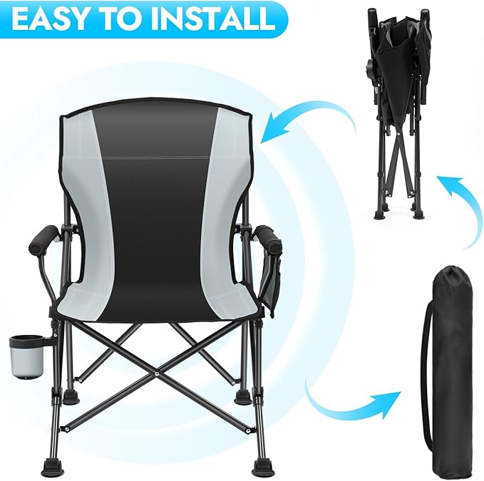 Oversized Folding Camping Chair for Adults, Supports 450 LBS Camping Chairs, Heavy Duty Camping Chair with Side Pockets, Foldable Outdoor Chair for Camping, Beach, Fishing, Hiking, Black-Gray