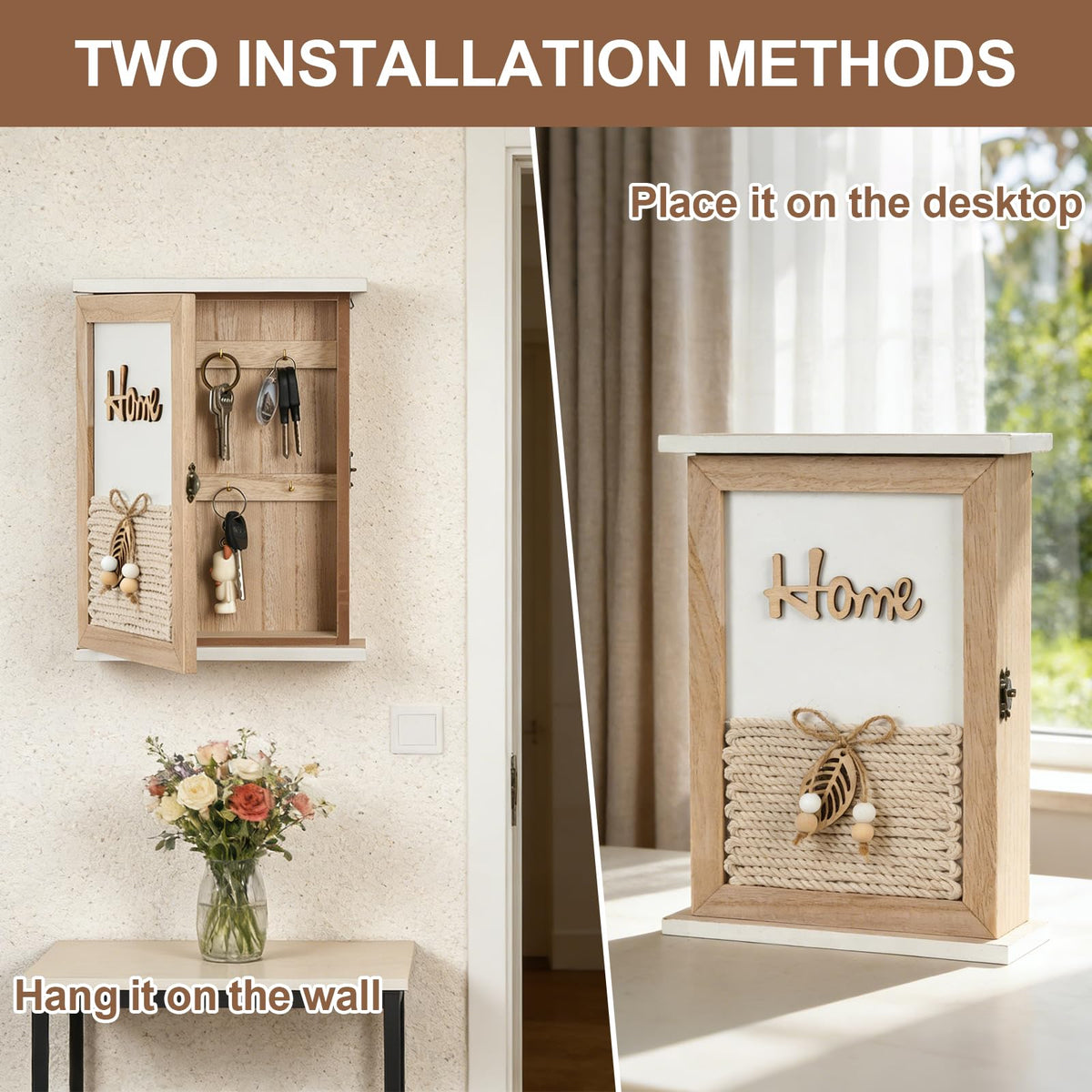 GMPAJHL Key Holder for Wall, Rustic Wooden Wall Mount Key Box with 6 Hooks, Farmhouse Key Storage Organizer Key Rack for Entryway Hallway Office, Boho Home Decor