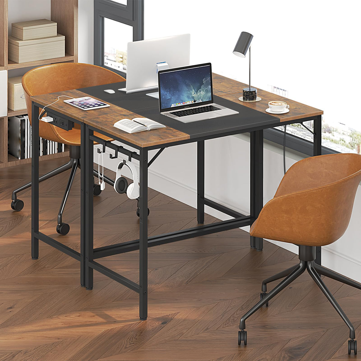 HOOBRO Computer Desk, Home Office Desk with Power Outlet, Modern Study Writing Desk with 3 Hooks for Study Room, Home Office, Sturdy and Stable, Easy to Assemble, Rustic Brown and Black BF40UDN01
