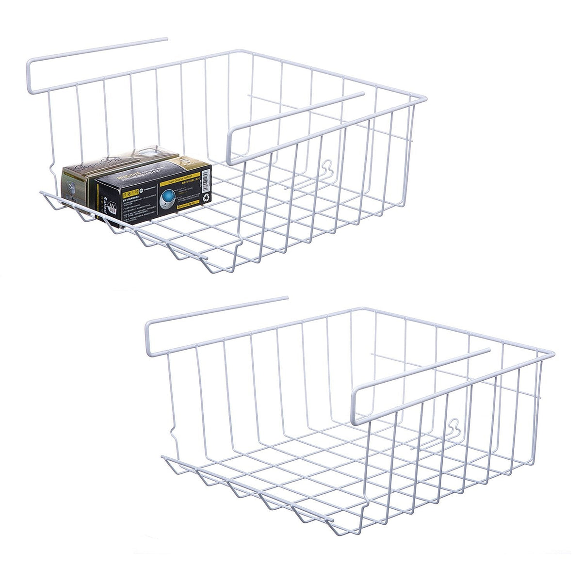 Lonians 2-Pack Under Shelf Hanging Storage Baskets - Metal Wire Rack Organizer for Kitchen, Pantry, Cabinet, Bathroom, Desk - Space Saving Shelf Extender (White, Large)