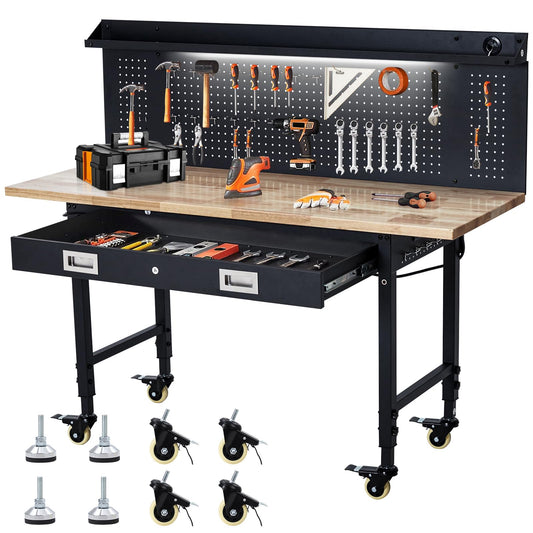 GarveeTech 60" Adjustable Height Workbench, Rubber Wood Tabletop Workbench with Pegboard, Storage Drawers, Rolling Work Table with Wheels, Power Outlet, 2000lbs Capacity, Garage Workbench for Workshop