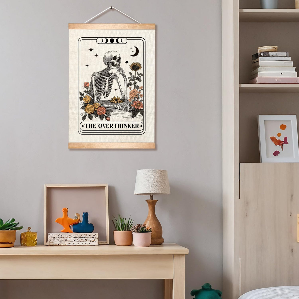 HEYJEEPER The Overthinker Tarot Card Wall Art,Skeleton and Floral for Witch Room Decor,Humorous Wall Hanging Linen Print Poster for Bedroom,Library, Study room 14x18inch(The Overthinker)