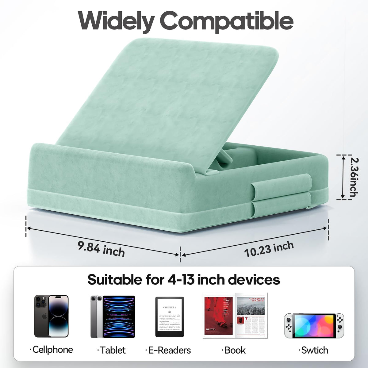 KDD Tablet Pillow Stand with Storage, Foldable iPad Holder for Bed, Lap and Desk, Angle Adjustable Soft Pad Dock with Stylus Mount Compatible with iPad Pro 12.9, 11, Air, Mini, Phones, Books (Green)