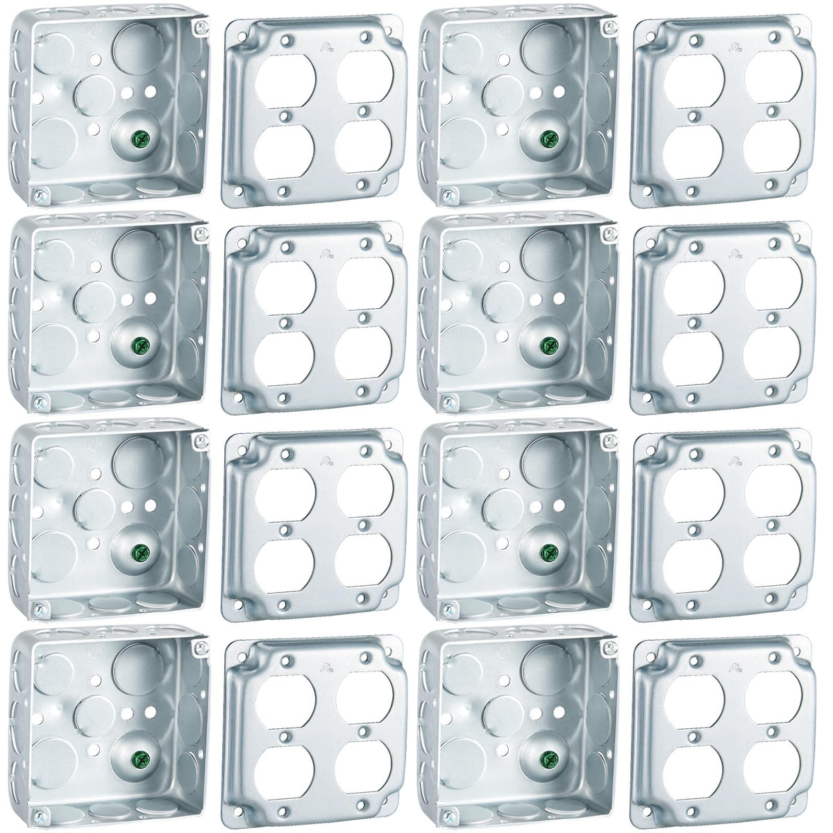 Copkim 8 Set 4 × 4" Electrical Junction Box with Cover Electrical Metal Outlet Box, 21.0 Cu. in. Capacity Receptacle Exposed Work Cover, 1-1/2'' Deep (Double Duplex Receptacle)