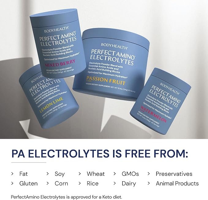 BodyHealth PerfectAmino Electrolytes Powder No Sugar, Keto Sugar Free Fasting Electrolytes Drink Mix, Hydration Powder with Trace Minerals - Mixed Berry - 30 Servings