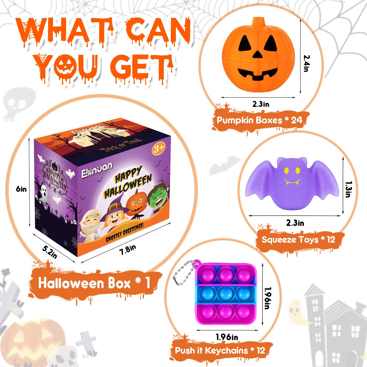 48 Halloween Toys Pack with Pumpkin Box, Halloween Party Favors Gifts for Kids, Squishy Mochi Toys in Bulk with Bubble Push it Keychain, Halloween Treat Bags Fillers, Trick or Treat Classroom Prizes