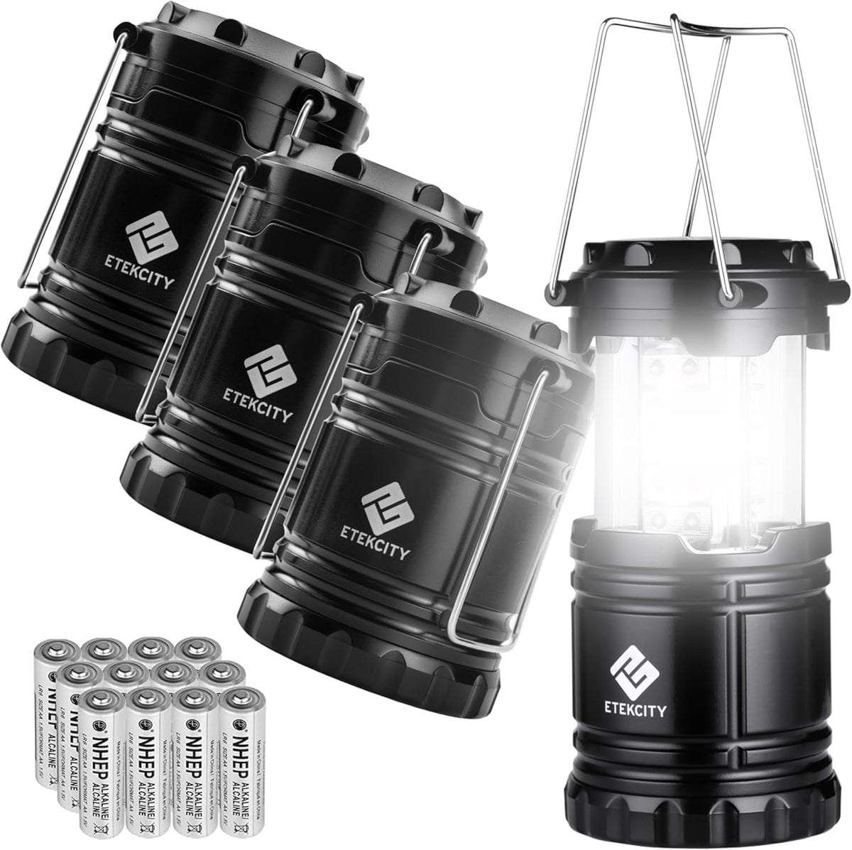Etekcity Camping Lanterns for Power Outages 4 Pack, Flashlight for Camping Essentials, Survival Kit and Gear, Hurricane Preparedness Items, Emergency Led Battery Operated Lights, Black