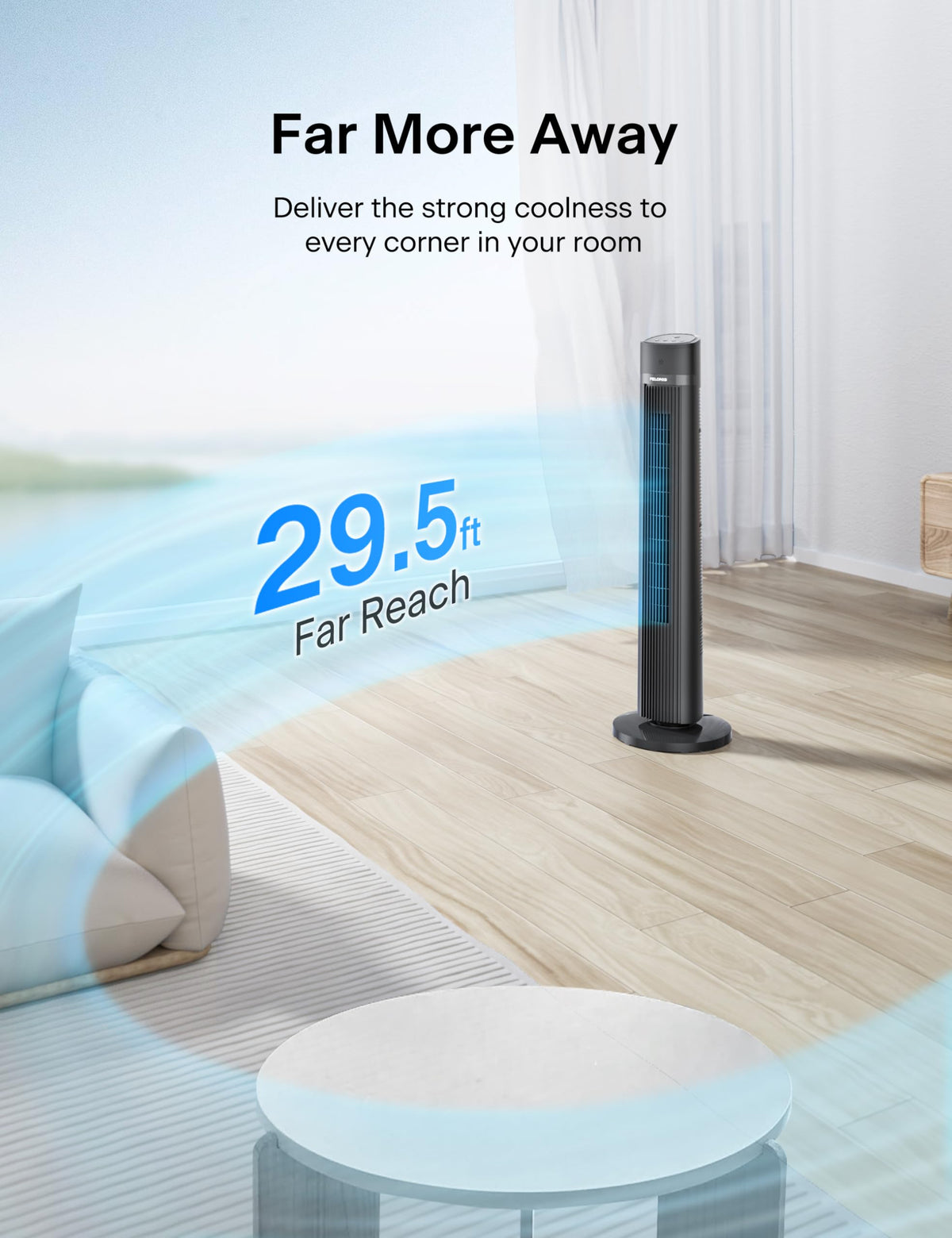 PELONIS 40 inch Bladeless Tower Fan for Bedroom, Standing Fan with Remote Control, 26ft/s, 90° Oscillation, 3 Speed Settings, 27 Db, 3 Modes, 15-Hour Timer, LED Display, Fan that Blows Cold Air, Grey