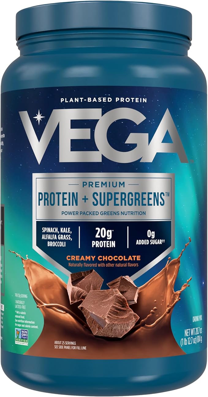 Vega Protein + Supergreens - 20g Plant-Based Protein, Chocolate, 25 Servings, Real Greens & Veggies, Vegan Keto, 0g Added Sugar, Non-GMO, Gluten Free, Dairy Free, 1.8lbs (Packaging May Vary)