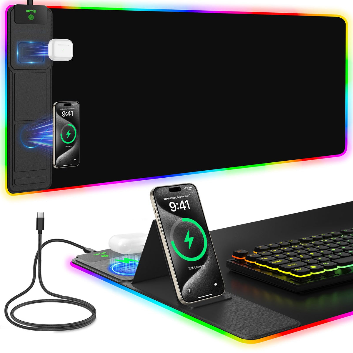 Mouse Pad with Foldable Phone Holder & Wireless Charger, XXL RGB Gaming Mousepad 31.5"x15.8" Large Desk Mat for Keyboard, Black Desk Pad with Dual Qi Charging Station | 11 Colors 5 Modes | Waterproof