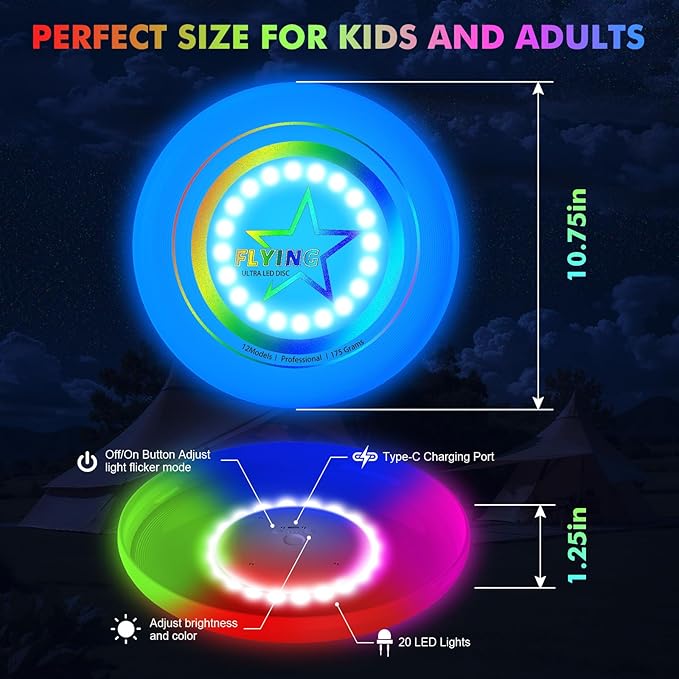 Pro LED Flying Sport Disc Toy for Kids Adults, 7 Dynamic Modes Glow in The Dark Fiying Ring, 175 Gram, Light Up Flashing, Sand Beach Toy for Lawn, Outdoor, Park, Yard, Camping, Toss and Catch Game