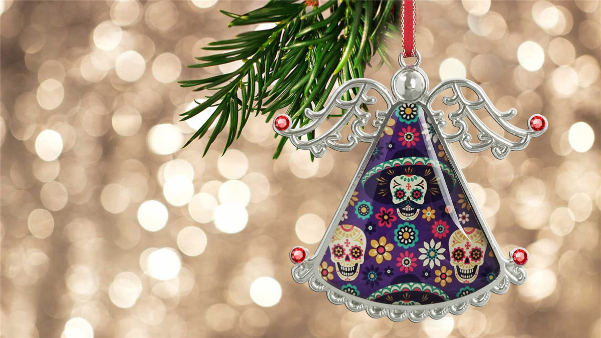 XUTAI Angel Christmas Tree Ornaments Sugar Skulls Flowers on Dark Glass Hanging Angel Glass Pendant for Holiday Decoration