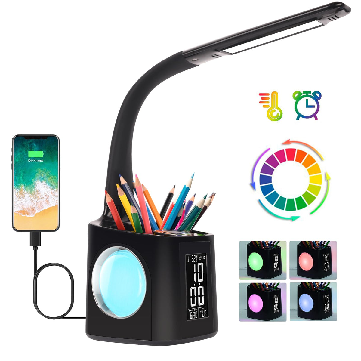 wanjiaone LED Desk Lamp with Clock,Color Changing Nightlight,Study Lamp with Pen Holder,Desk Light with USB Charger,Table Light for Home,Office,Gift for Kids,Students,Women,Black