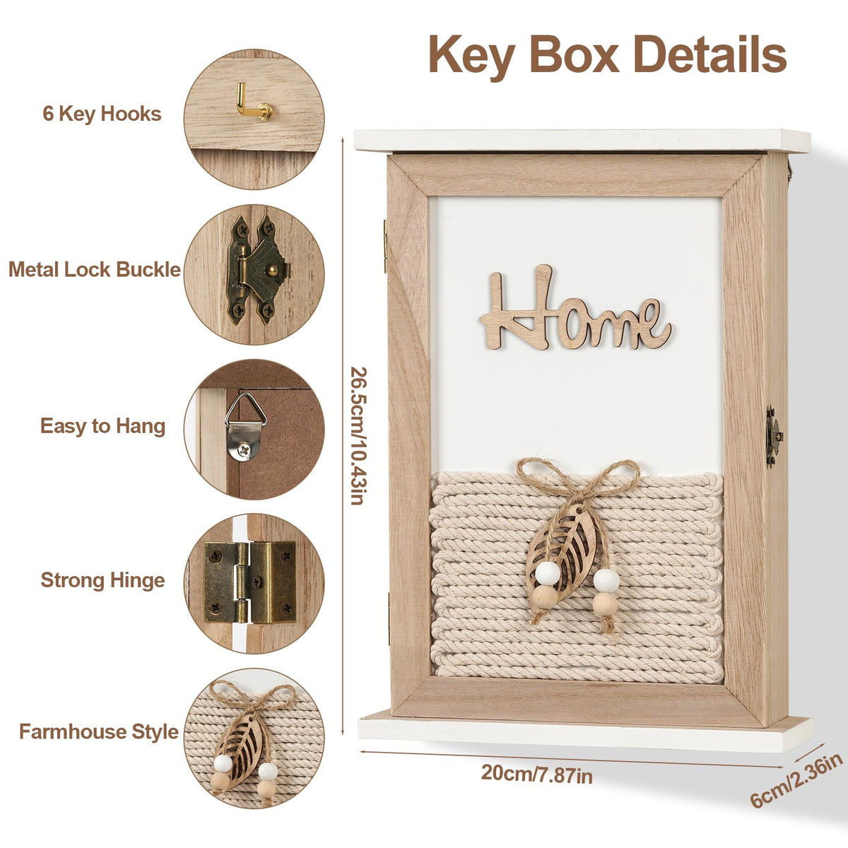 GMPAJHL Key Holder for Wall, Rustic Wooden Wall Mount Key Box with 6 Hooks, Farmhouse Key Storage Organizer Key Rack for Entryway Hallway Office, Boho Home Decor