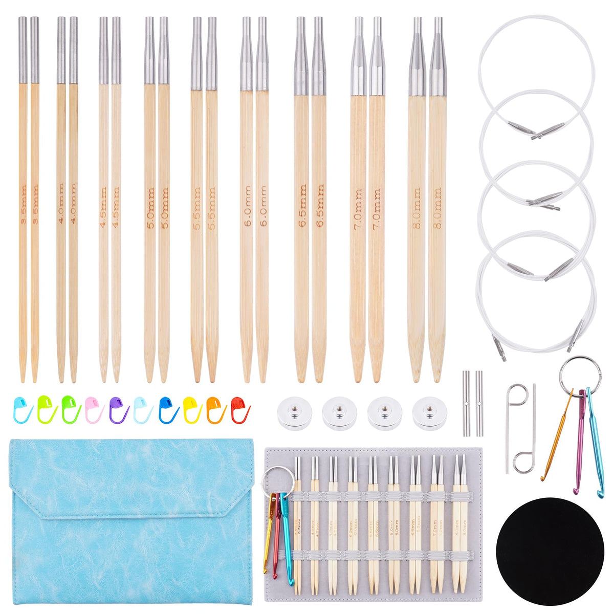 Mdoker Bamboo Knitting Needles Set with Case Interchangeable Circular Knitting Needle with Flexible Cables,9 Pairs Square Round Knitting Needles Cubic Circular Needle for Beginner,DIY Crafts,3.5mm-8mm