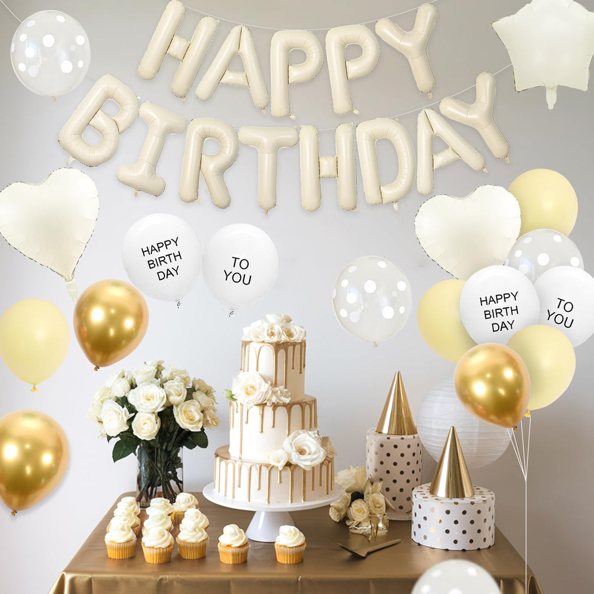 Pastel Yellow Birthday Decorations,Happy Birthday Banner with Heart Star Foil Balloons,Macaron Yellow Gold Sand White Clear Printed Balloons for Men Women Birthday Party Decor