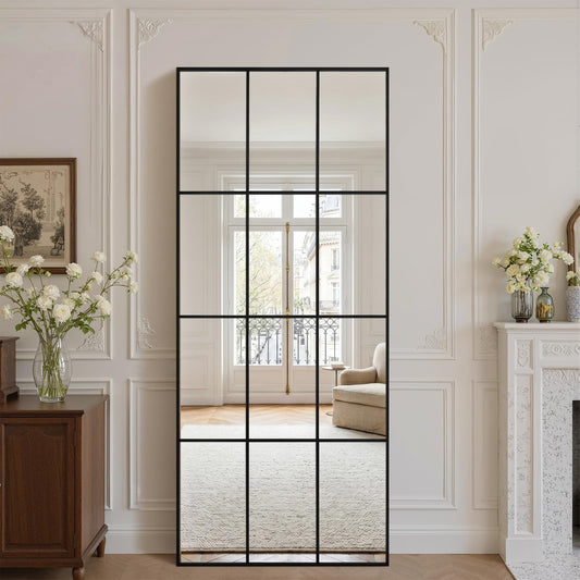 Anpark Windowpane Mirror Full Length 71""x30"" Wall Mounted Art Pane Mirror Farmhouse Decorative Floor Mirror Leaning Hanging Wall Mirror for Bedroom Living Room Entrance, Black
