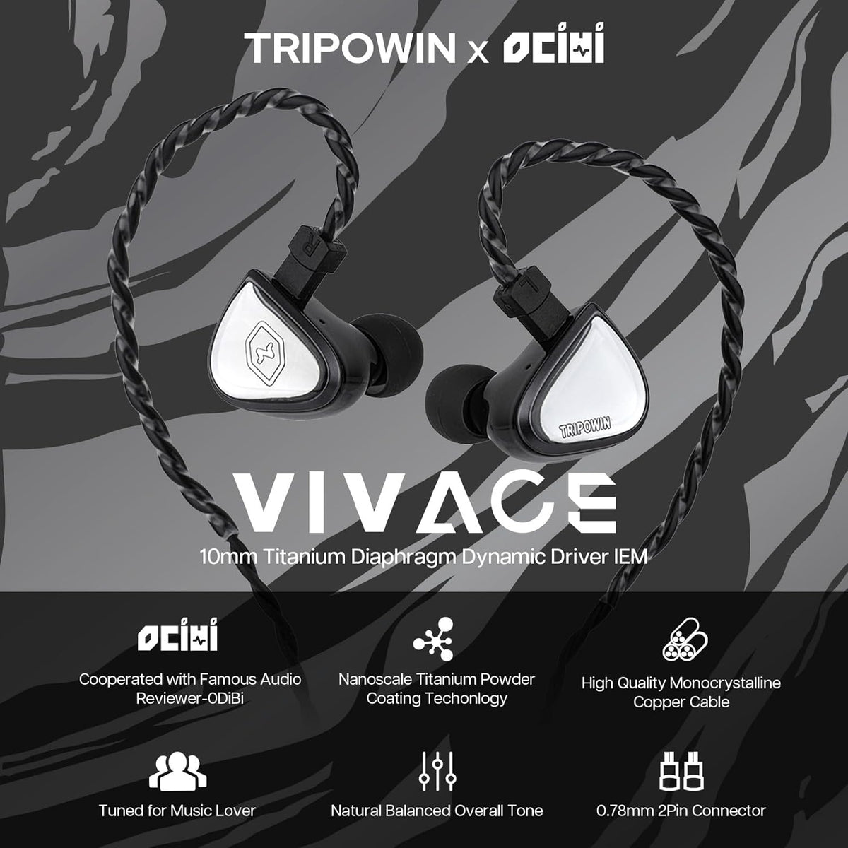 0DiBi: 10mm 2Pin Linsoul Tripowin x Vivace in Ear Monitor, Titanium Diaphragm Dynamic Driver IEM, HiFi Wired Earbuds