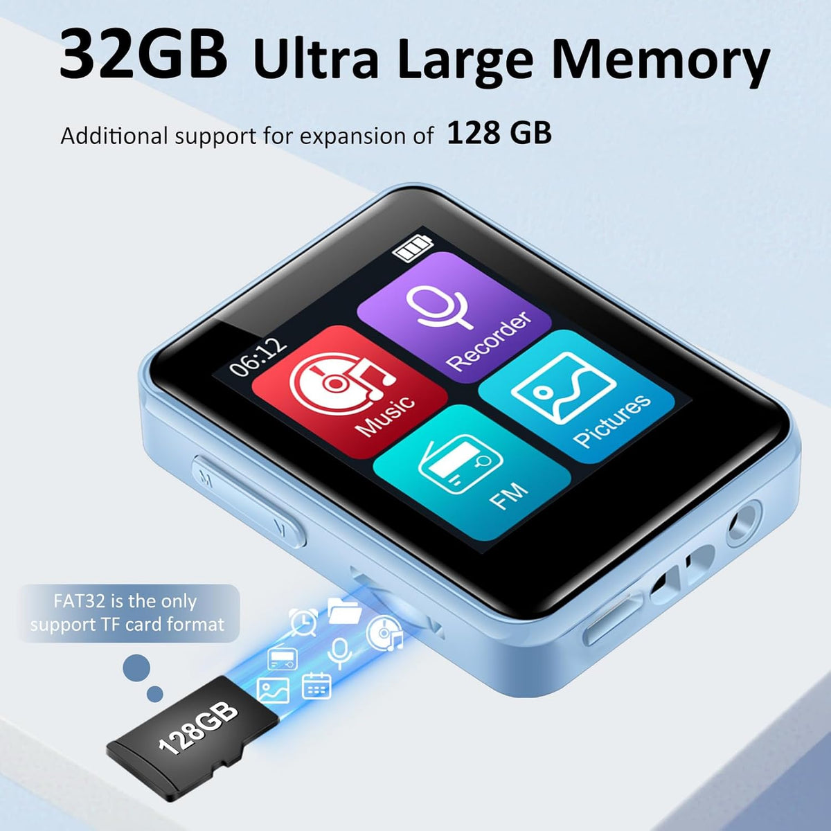 VANSING 32GB MP3 1.8 inch MP3 512GB(Blue) Player for Kids, Portable Small Music Bluetooth Player with Speaker, FM