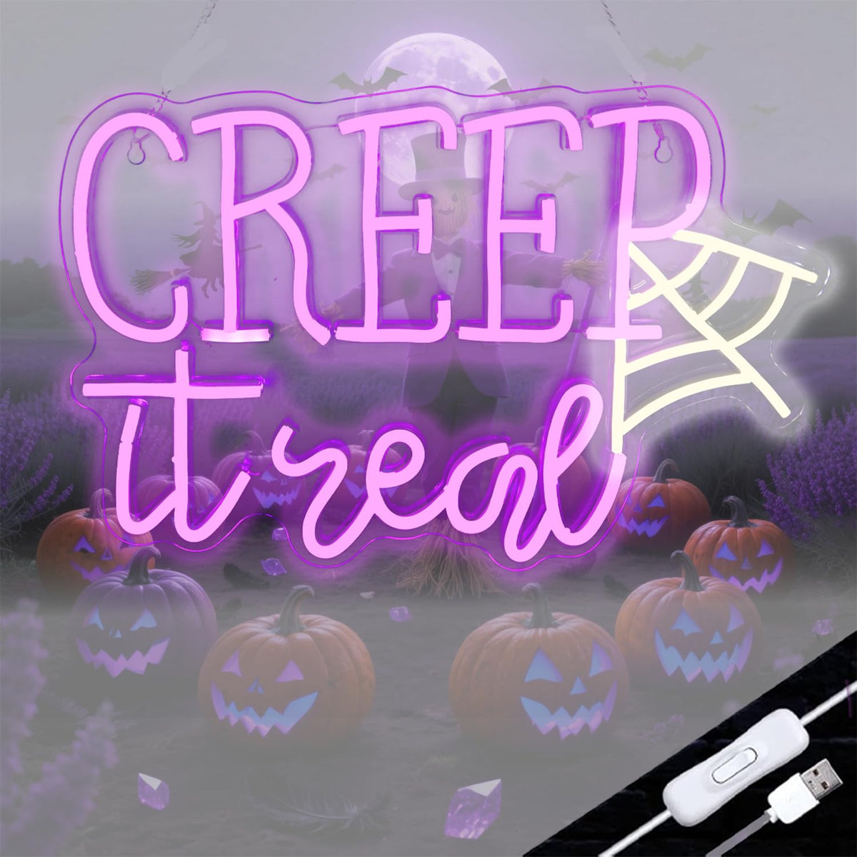 Creep It Real Halloween Neon Sign with Ghost & Spider Web - Spooky Party Decor
