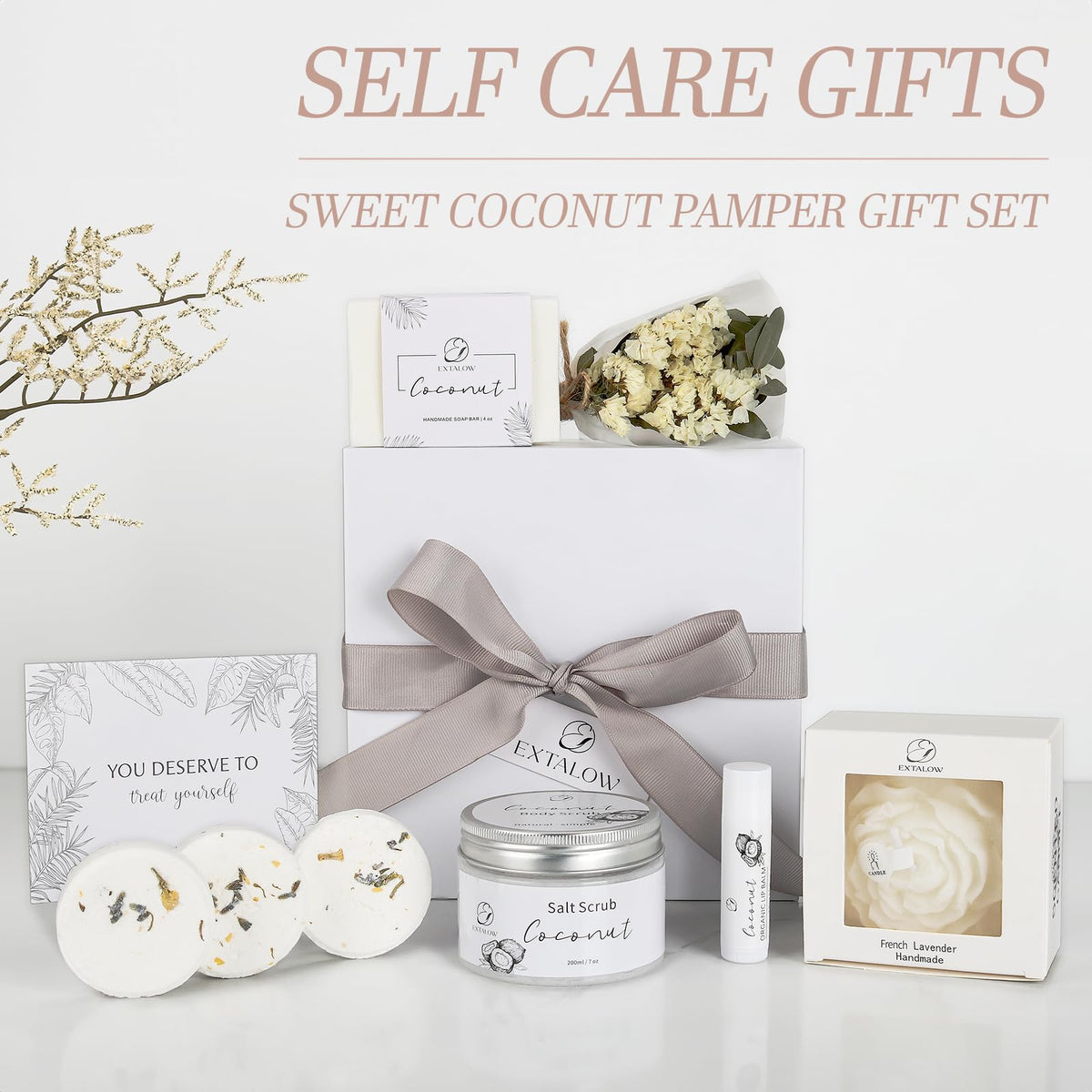 EXTALOW Spa Gifts for Women Bath and Body Gift Basket Mothers Day Gifts Coconut Lavender Home Spa Set Self Care Gift for Mom Sister Her Wife Birthday Gifts Spa Kit Care Package Thank You Gift