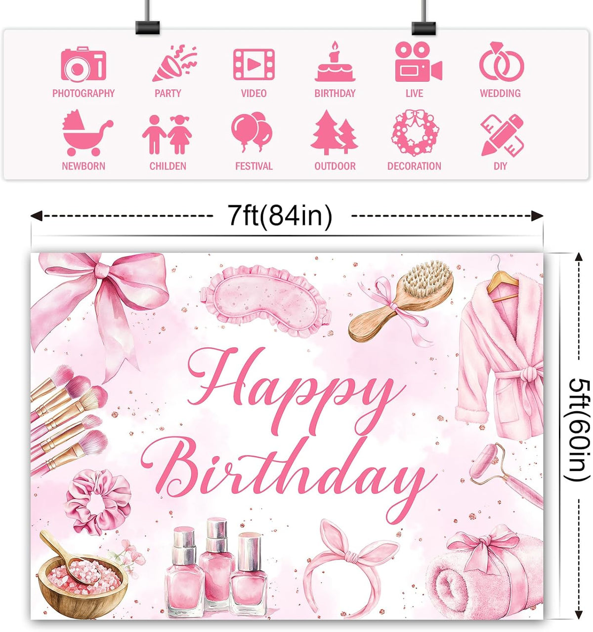 Bcuuipo 7x5ft Spa Party Happy Birthday Backdrop Pink Beauty Makeup Slumber Pajama Sleepover Background for Girls