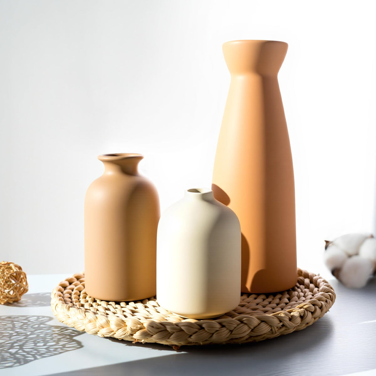 OUWEDW Ceramic Small Vase Set of 3,Modern Boho Farmhouse Home Decor,Pampas Grass Vase,Minimalist Decor,for Entryway Table,Bookshelf,Living Room, Bedroom,Kitchen,Coffee Table Decoration