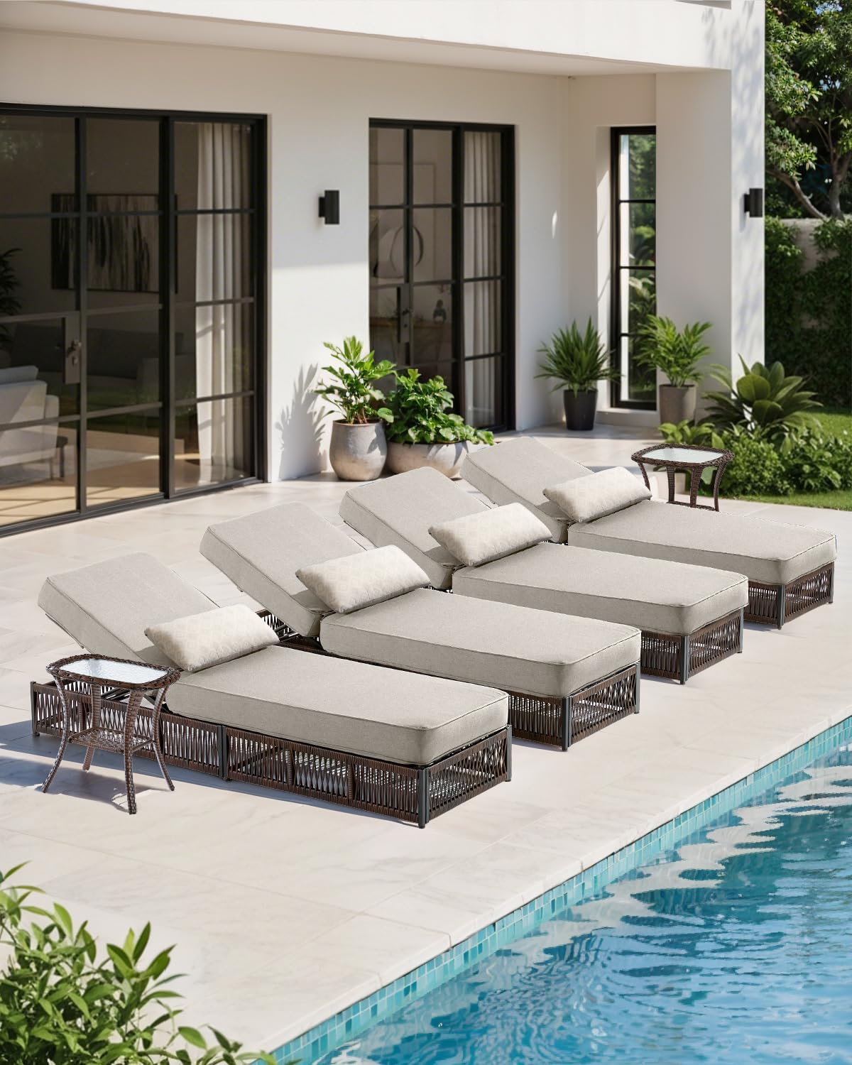 ACTREST Luxury Outdoor Chaise Lounge with 5 Inch Thickened Cushions - 1 Set High Back Brown Wicker Patio Recliners Rattan Reclining Chairs Porch Poolside Pool Sunbathing Lounger - Beige