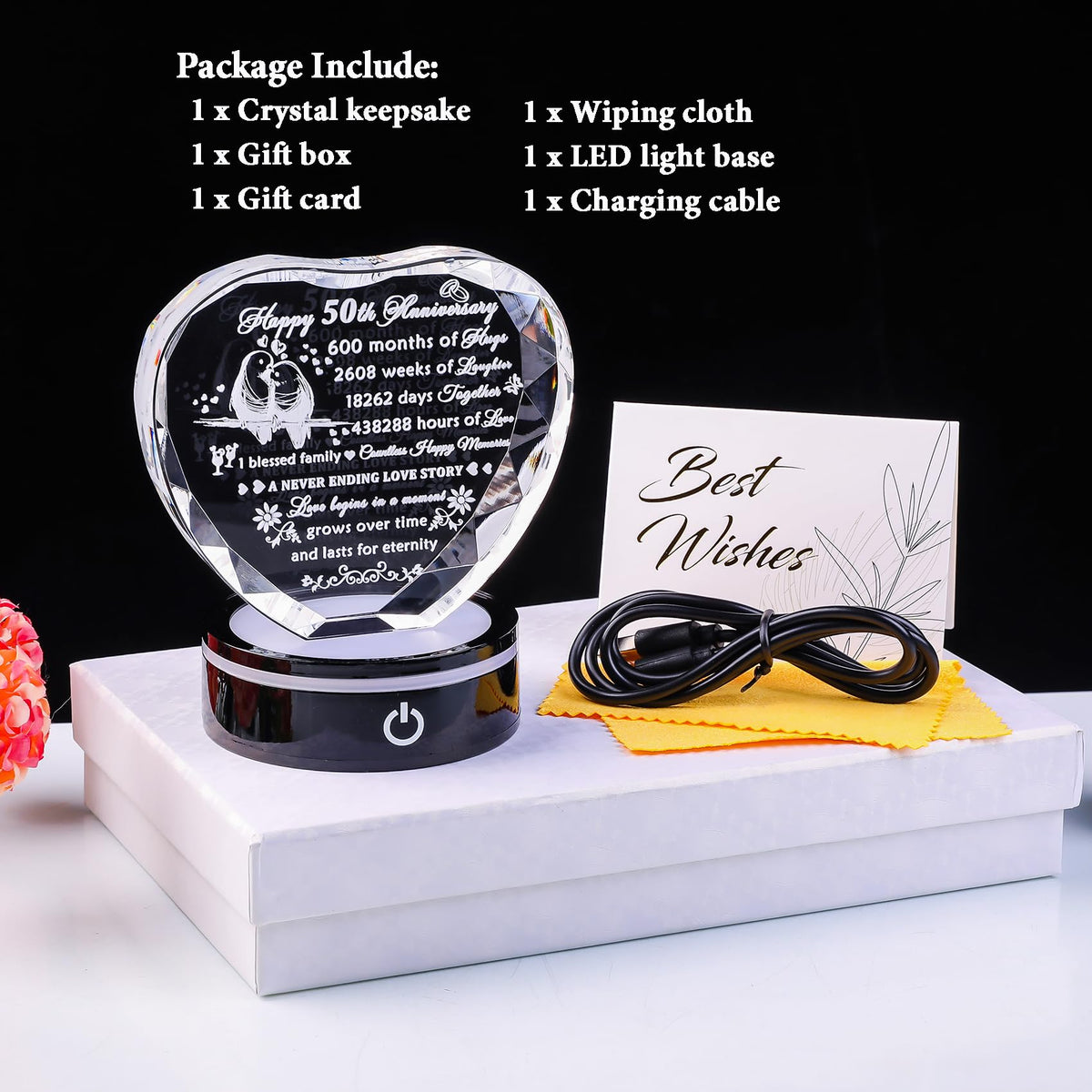 YWHL 50th Wedding Anniversary Crystal Heart Gifts for Parents Couple, Laser Engraved Romantic 50 Year Anniversary Crystal Keepsake Gifts for Wife Husband, 50 Years of Marriage Gift for Her Him