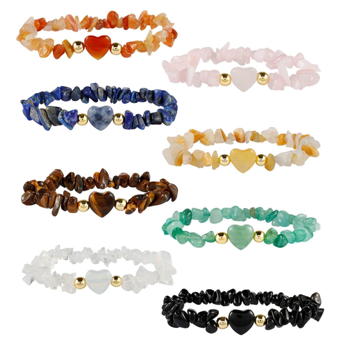 MILAKOO 8Pcs Chip Stone Bracelets Set Heart Love Charms Crystal 7Chakra Stretch Wristband for Women