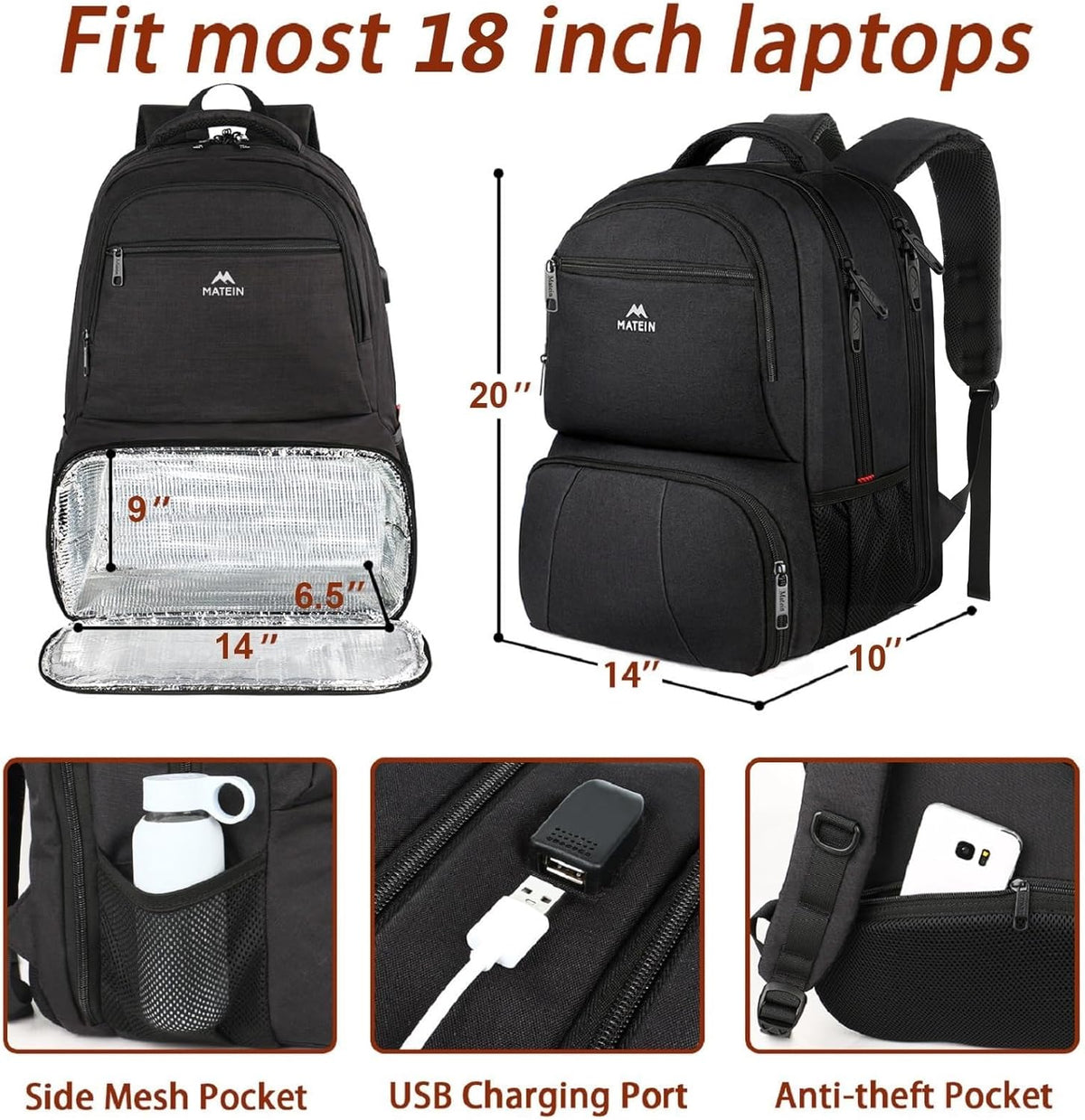 Backpack 18 Inch Backpack pack MATEIN Lunch for Men, Large Insulated Cooler with Lunch Compartment, Water Resistant