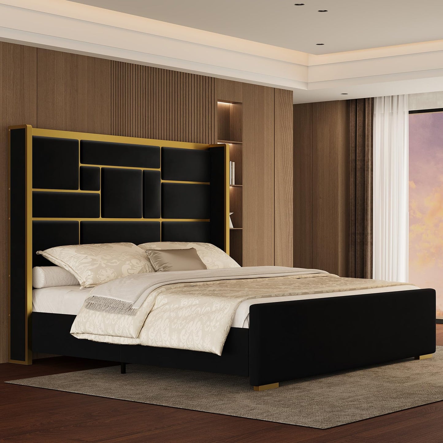 Uteeran King Size Bed Frame with 55.12" Tall Headboard, Modern Luxury Velvet Upholstered Platform Bed with Gold Trim, Wide Wingback Design, Noise-Free, Easy Assembly, No Box Spring Needed, Black