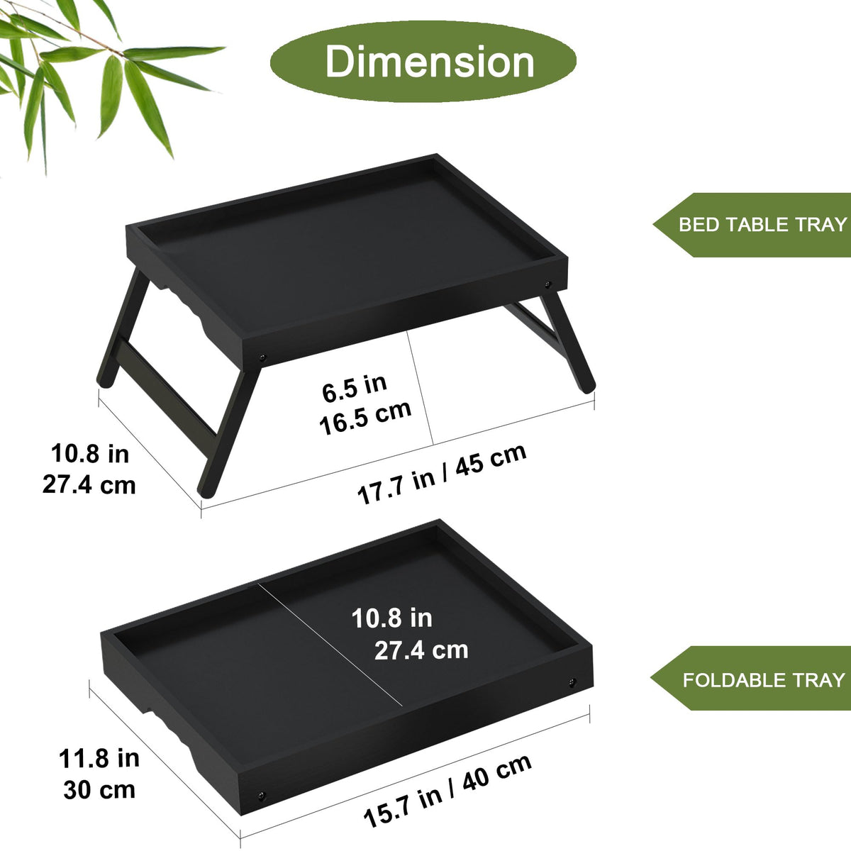 Asuthzon Bamboo Bed Tray Table with Foldable Legs, Breakfast in Bed Tray for Kitchen Serving Tray, Eating, Working, Drawing Tray (2 Pack, Black)