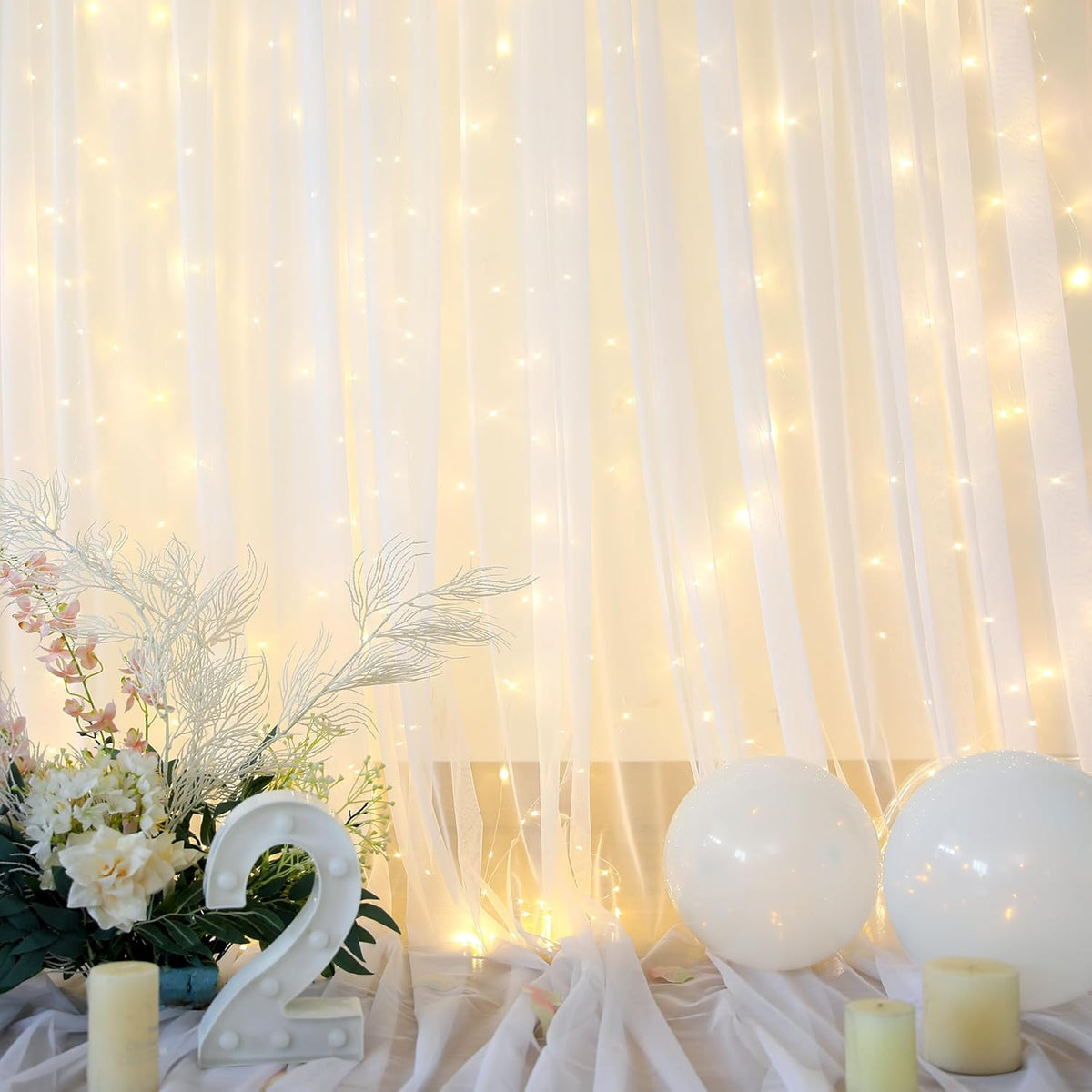 Suppromo 1010ft Decorations(2 10ft10ft) White Backdrop Curtains with Lights String for Wedding Parties Sheer Tulle