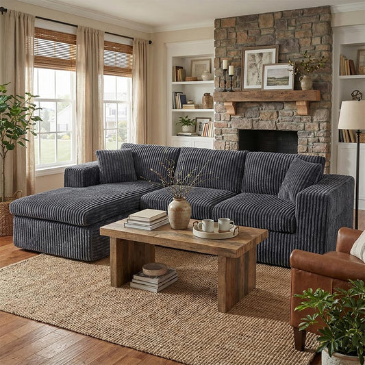 Shintenchi 105" Boneless Couch for Living Room,L Shaped Modular Cloud Sectional Sofa,Fluffy Corduroy Couch with Deep Seated Oversized Chaise Lounge,No Assembly Needed,Dark Gray
