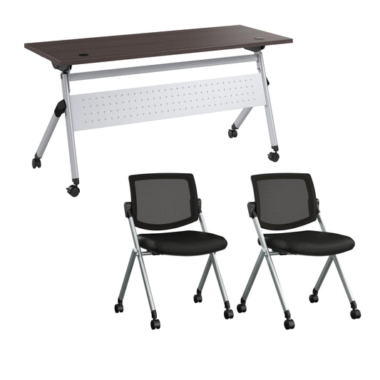 Bush Business Furniture Folding Training Table Set for 2, 60 inch, 2 Mesh Back Folding Chairs, Commercial-Grade Bundle for Office or Classroom, Envision Collection, Gray