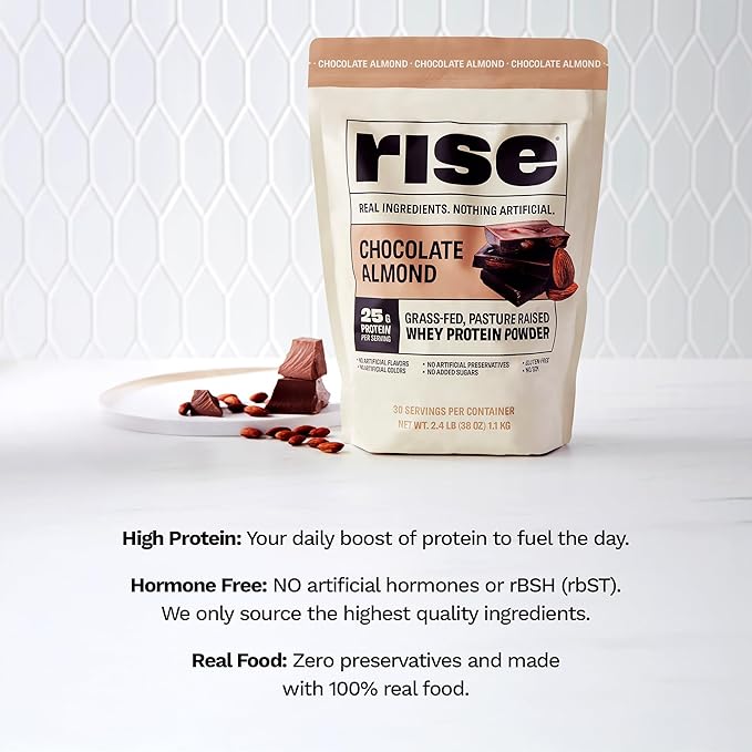 Rise Grass-Fed Whey Protein Powder - Chocolate Almond | 25g Protein No Artificial Flavors, Colors, or Preservatives - Sugar Free, Gluten-Free, Soy Free (2.4 lbs)