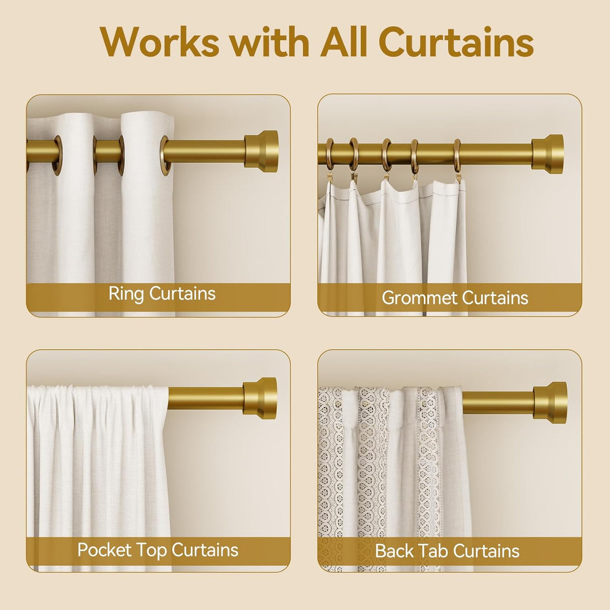 YaFex Curtain Rods - Heavy Duty 1 Inch Adjustable Window Treatment Rods | 32-58 Inch, Modern Gold Design