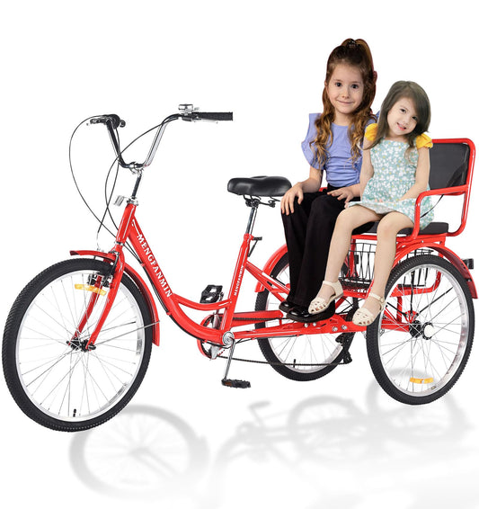 VHCLYBJU Adult Tricycle Foldable with Child seat 3 Wheel Bicycle for Ladies Tricycle with Basket with Back seat 20/24in Bikes Maximum Load 550lbs Shock Absorbing Fork Adult-Unisex (24in-7speed-red)