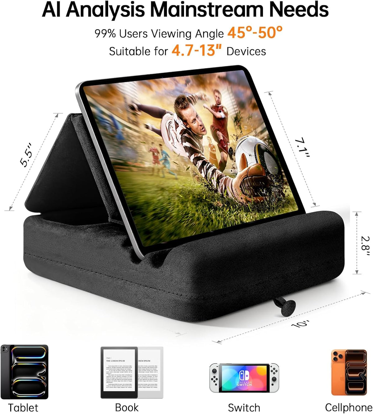 TpeeTeek 4-13" Tablet Pillow Stand with Storage, Foldable iPad Holder for Lep, Bed, Sofa, and Desk - Soft Pad Dock