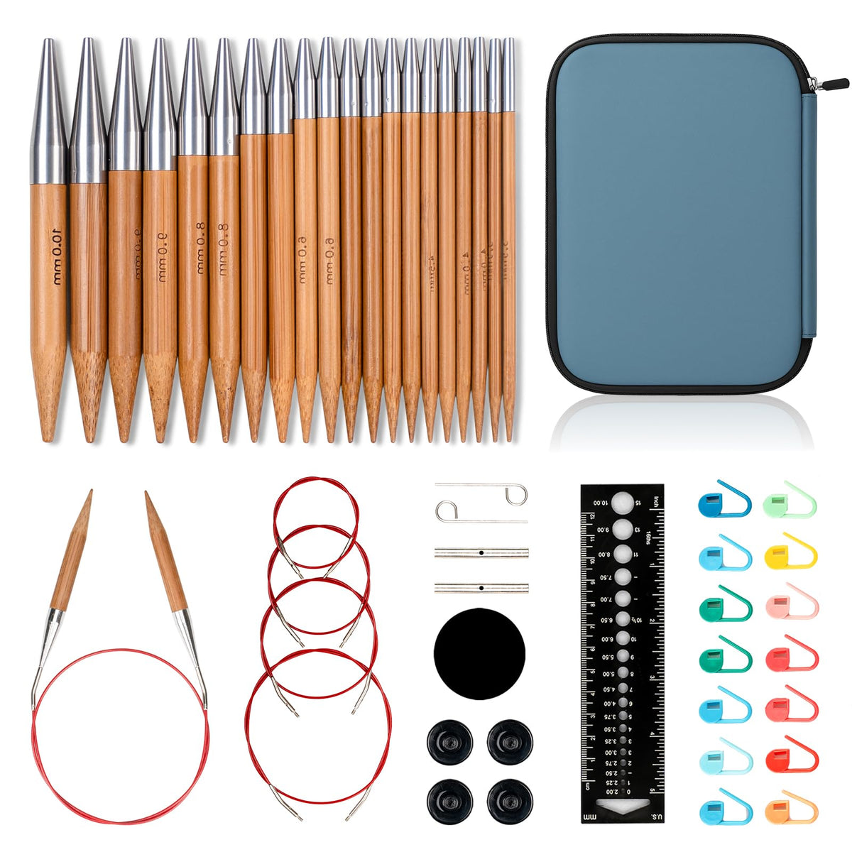 RUIDI Circular Knitting Needles Set, 11 Sizes Bamboo Interchangeable Circular Knitting Needles Set with Case & Accessories, 4" (10cm) | (3.5mm to 10mm) (Bamboo)