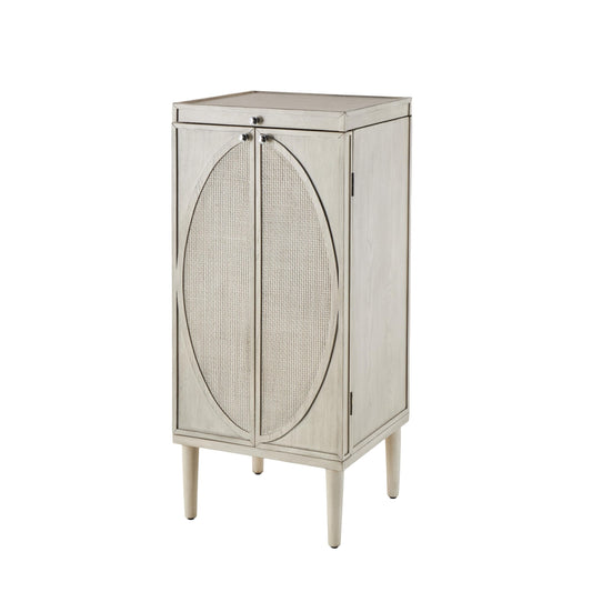 Deco 79 Wooden Geometric Washed Oval Rattan Front Armoire Jewelry 2 Door, 6 Drawer, and 32 Hook Cabinet with Mirrored Lift Top and Organizer Shelf, 20" x 18" x 47", Light Gray