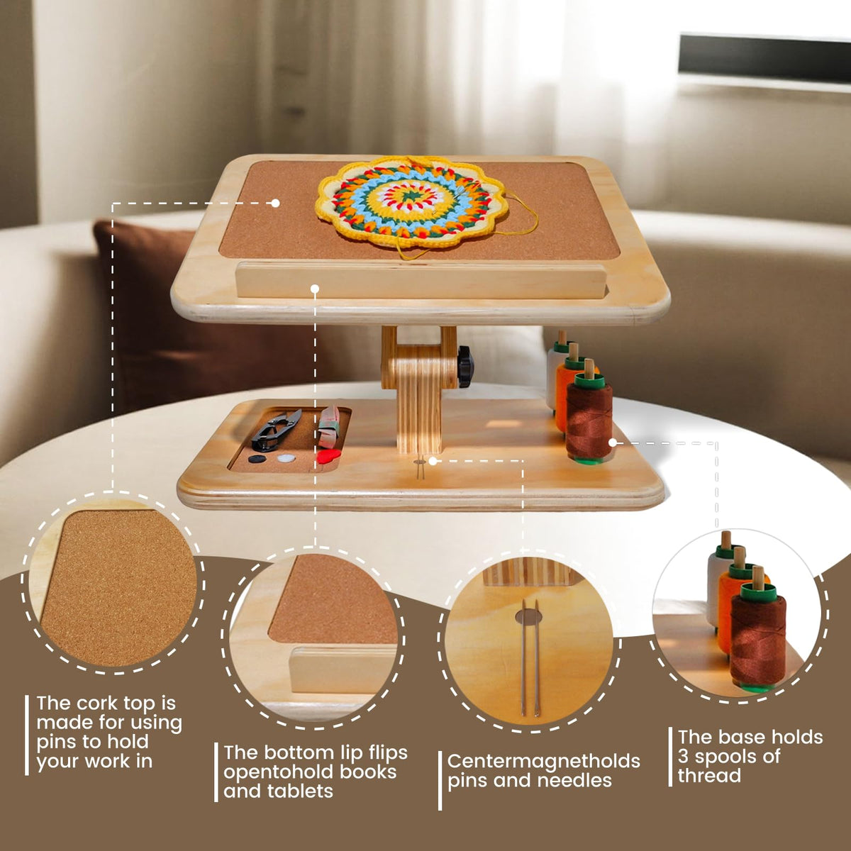 Tnstbiee Adjustable Lap Desk for Sewing & Crafting - Portable Folding Table with Wood Storage for Sewing Machines & Accessories, Perfect for Cross Stitch, Reading, iPad Use & Craft Essentials