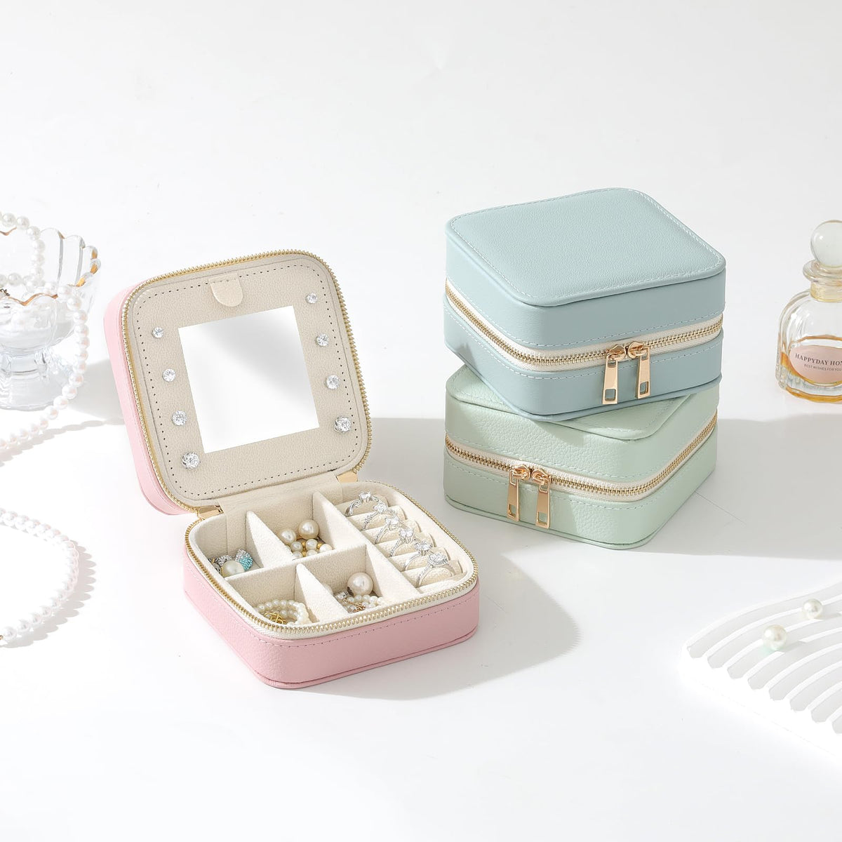 NGVRC Genuine Leather Travel Jewelry Organizer Case with Mirror for Women, Small Mini Portable Jewelry Box for Ring Earrings Necklace Bracelet Luxury Gift for Women（Beige）