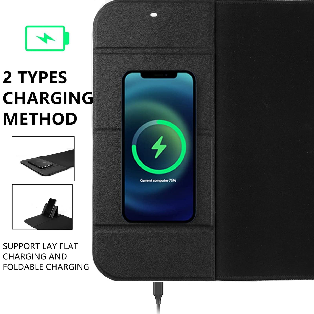 Wireless Charging Mouse Pad with Phone Holder Gaming Mousepad Desk Mat 15W Qi Fast Charging Pad Ultra-Smooth Surface Non-Slip Extended Premium Black Computer Keyboard Mat for MacBook PC Laptop