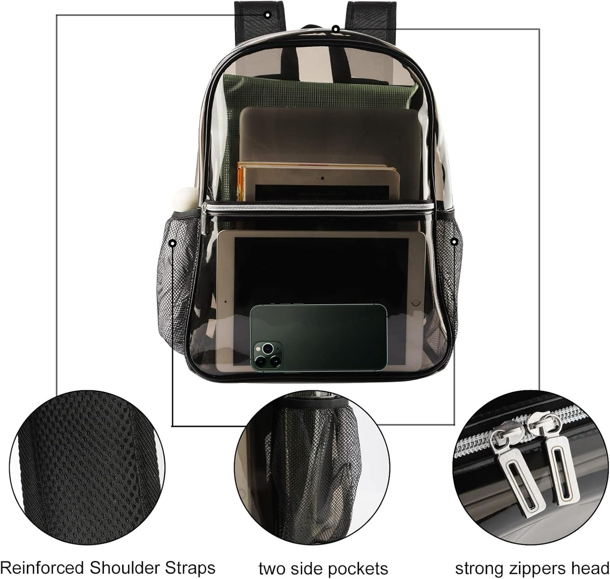 Backpack Backpack Clear Heavy Duty TPU Transparent for Sports,Work,Security Travel.(Black)