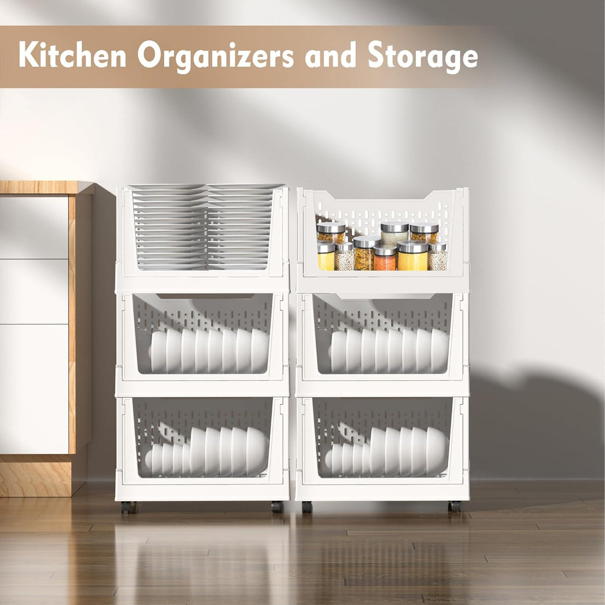 Stackable Plastic Storage Baskets by [Brand Name] - 3 Pack Foldable Organizers with Wheels | Versatile Storage for Home & Office