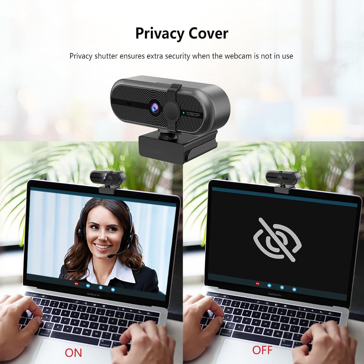 MOERTEK 1080P 90 Webcam for PC, Webcam with Mic, Auto Light Correction, Wide Angle, Built-in Privacy Cover, Supports