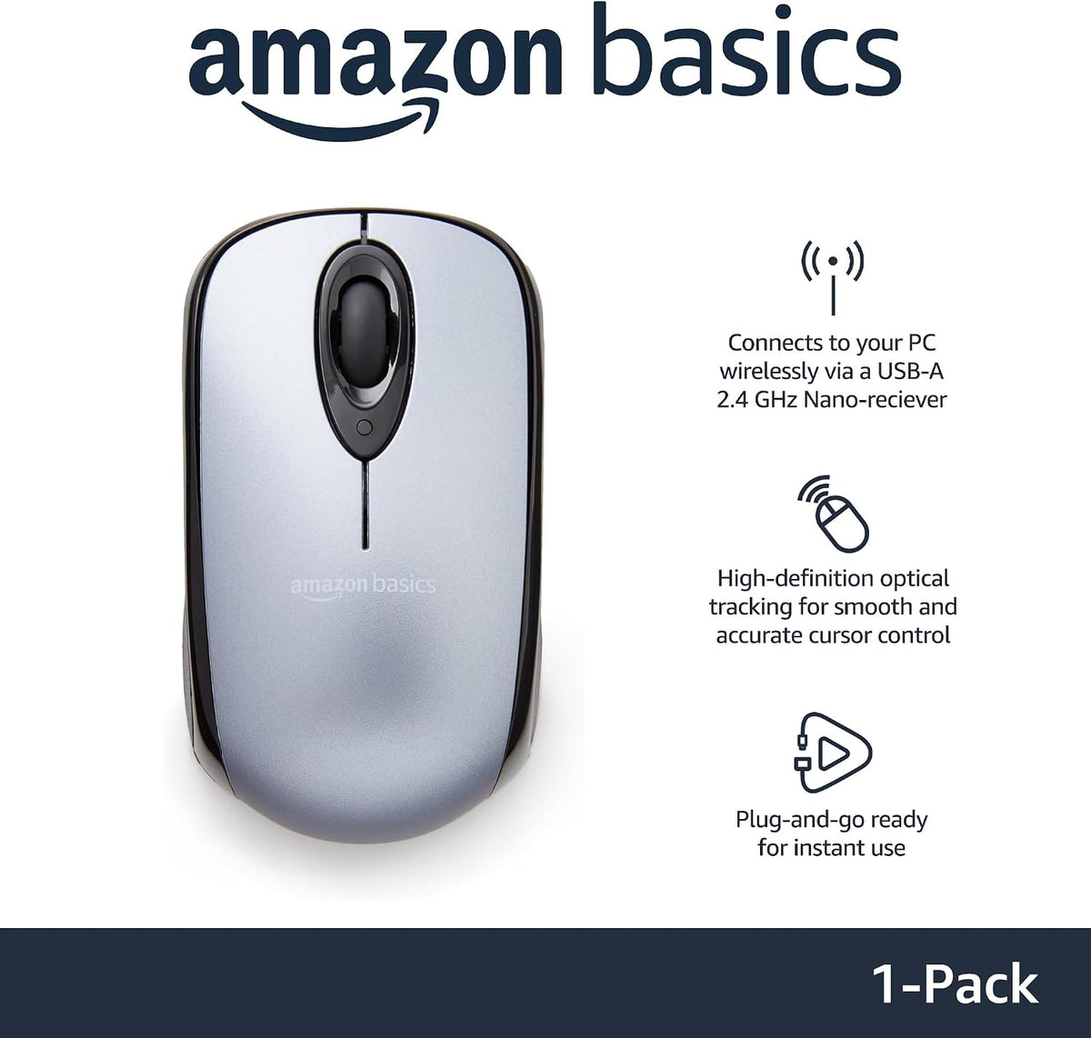 Amazon Basics 2.4 GHz Wireless Optical Mouse - Sleek Silver Design